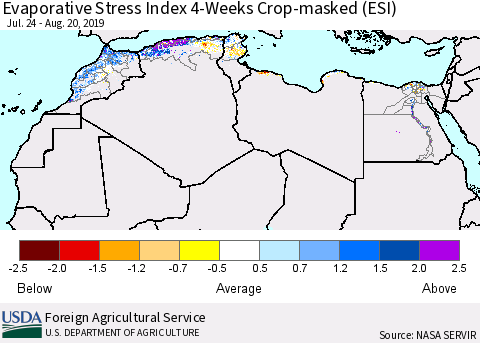 North Africa Evaporative Stress Index (ESI), 4-Weeks over Croplands Thematic Map For 8/19/2019 - 8/25/2019