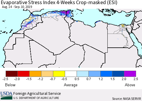 North Africa Evaporative Stress Index (ESI), 4-Weeks over Croplands Thematic Map For 9/9/2019 - 9/15/2019