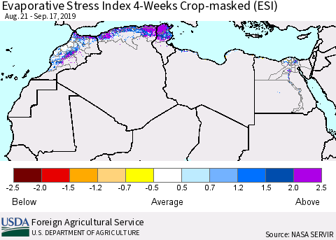 North Africa Evaporative Stress Index (ESI), 4-Weeks over Croplands Thematic Map For 9/16/2019 - 9/22/2019