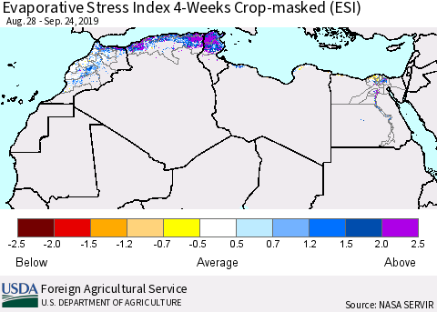North Africa Evaporative Stress Index (ESI), 4-Weeks over Croplands Thematic Map For 9/23/2019 - 9/29/2019