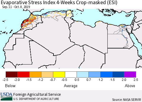 North Africa Evaporative Stress Index (ESI), 4-Weeks over Croplands Thematic Map For 10/7/2019 - 10/13/2019