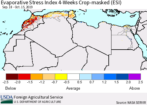 North Africa Evaporative Stress Index (ESI), 4-Weeks over Croplands Thematic Map For 10/14/2019 - 10/20/2019