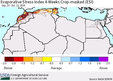 North Africa Evaporative Stress Index (ESI), 4-Weeks over Croplands Thematic Map For 10/21/2019 - 10/27/2019