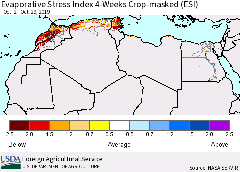 North Africa Evaporative Stress Index (ESI), 4-Weeks over Croplands Thematic Map For 10/28/2019 - 11/3/2019