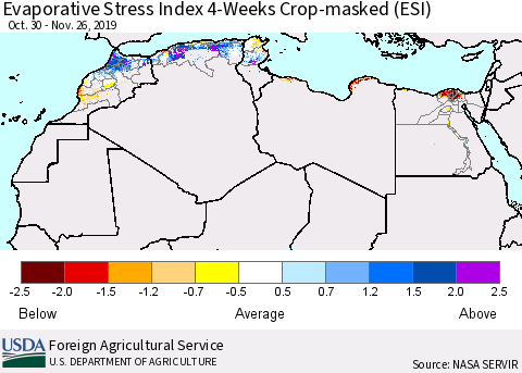 North Africa Evaporative Stress Index (ESI), 4-Weeks over Croplands Thematic Map For 11/25/2019 - 12/1/2019