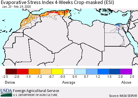 North Africa Evaporative Stress Index (ESI), 4-Weeks over Croplands Thematic Map For 2/17/2020 - 2/23/2020