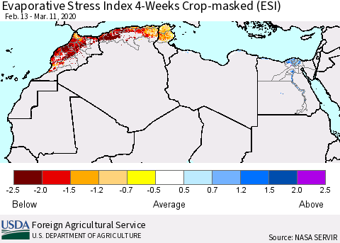 North Africa Evaporative Stress Index (ESI), 4-Weeks over Croplands Thematic Map For 3/9/2020 - 3/15/2020