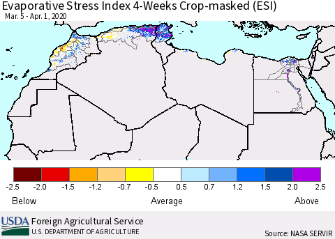 North Africa Evaporative Stress Index (ESI), 4-Weeks over Croplands Thematic Map For 3/30/2020 - 4/5/2020