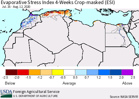 North Africa Evaporative Stress Index (ESI), 4-Weeks over Croplands Thematic Map For 8/10/2020 - 8/16/2020