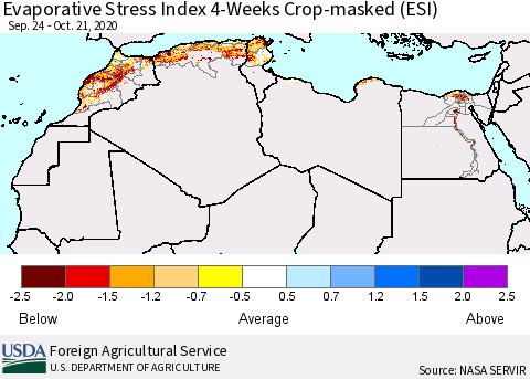 North Africa Evaporative Stress Index (ESI), 4-Weeks over Croplands Thematic Map For 10/19/2020 - 10/25/2020