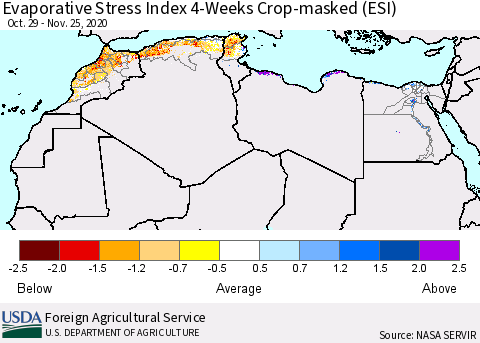 North Africa Evaporative Stress Index (ESI), 4-Weeks over Croplands Thematic Map For 11/23/2020 - 11/29/2020