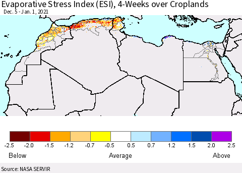 North Africa Evaporative Stress Index (ESI), 4-Weeks over Croplands Thematic Map For 12/28/2020 - 1/3/2021