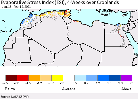 North Africa Evaporative Stress Index (ESI), 4-Weeks over Croplands Thematic Map For 2/8/2021 - 2/14/2021