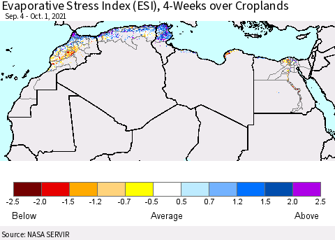 North Africa Evaporative Stress Index (ESI), 4-Weeks over Croplands Thematic Map For 9/27/2021 - 10/3/2021