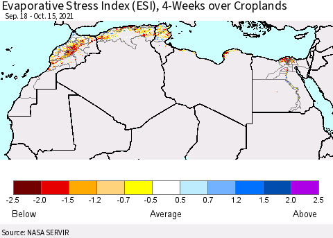 North Africa Evaporative Stress Index (ESI), 4-Weeks over Croplands Thematic Map For 10/11/2021 - 10/17/2021