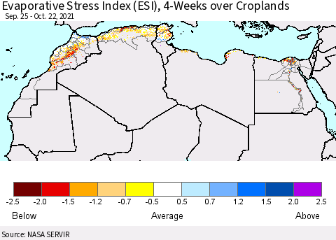 North Africa Evaporative Stress Index (ESI), 4-Weeks over Croplands Thematic Map For 10/18/2021 - 10/24/2021