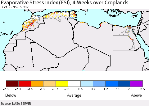 North Africa Evaporative Stress Index (ESI), 4-Weeks over Croplands Thematic Map For 11/1/2021 - 11/7/2021