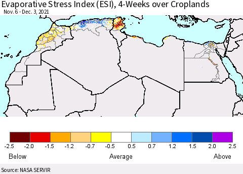 North Africa Evaporative Stress Index (ESI), 4-Weeks over Croplands Thematic Map For 11/29/2021 - 12/5/2021