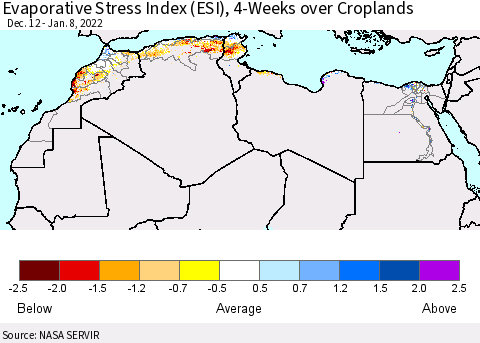 North Africa Evaporative Stress Index (ESI), 4-Weeks over Croplands Thematic Map For 1/3/2022 - 1/9/2022