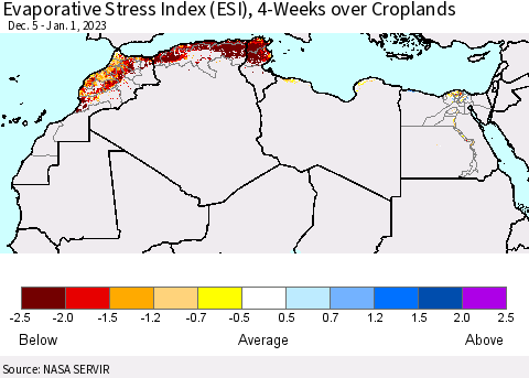 North Africa Evaporative Stress Index (ESI), 4-Weeks over Croplands Thematic Map For 12/26/2022 - 1/1/2023
