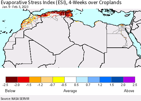 North Africa Evaporative Stress Index (ESI), 4-Weeks over Croplands Thematic Map For 1/30/2023 - 2/5/2023