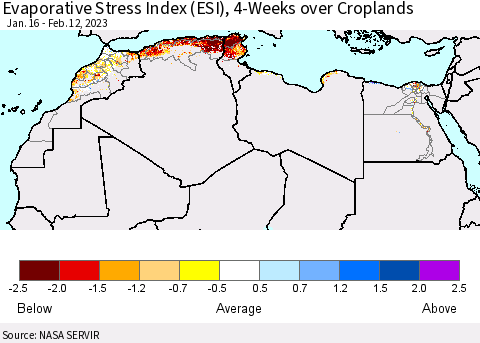 North Africa Evaporative Stress Index (ESI), 4-Weeks over Croplands Thematic Map For 2/6/2023 - 2/12/2023