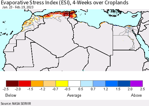 North Africa Evaporative Stress Index (ESI), 4-Weeks over Croplands Thematic Map For 2/13/2023 - 2/19/2023