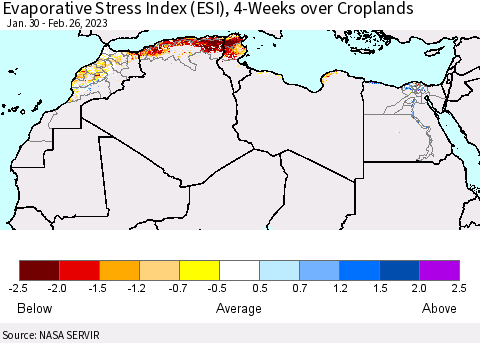 North Africa Evaporative Stress Index (ESI), 4-Weeks over Croplands Thematic Map For 2/20/2023 - 2/26/2023