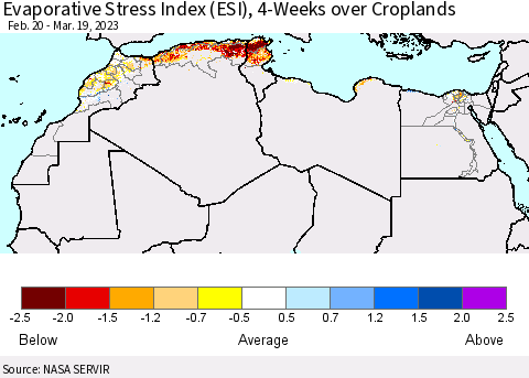 North Africa Evaporative Stress Index (ESI), 4-Weeks over Croplands Thematic Map For 3/13/2023 - 3/19/2023