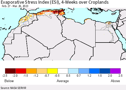 North Africa Evaporative Stress Index (ESI), 4-Weeks over Croplands Thematic Map For 3/20/2023 - 3/26/2023