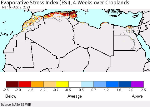 North Africa Evaporative Stress Index (ESI), 4-Weeks over Croplands Thematic Map For 3/27/2023 - 4/2/2023