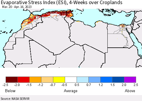 North Africa Evaporative Stress Index (ESI), 4-Weeks over Croplands Thematic Map For 4/10/2023 - 4/16/2023