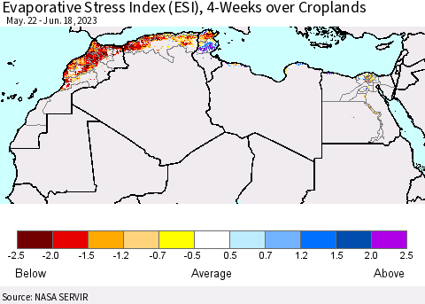 North Africa Evaporative Stress Index (ESI), 4-Weeks over Croplands Thematic Map For 6/12/2023 - 6/18/2023
