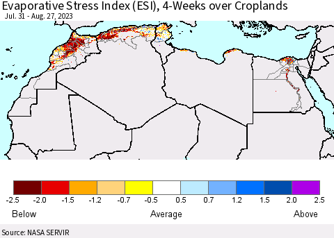 North Africa Evaporative Stress Index (ESI), 4-Weeks over Croplands Thematic Map For 8/21/2023 - 8/27/2023