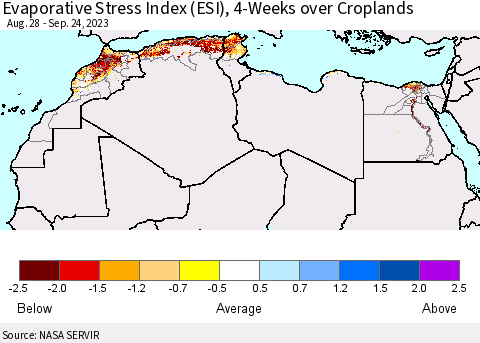 North Africa Evaporative Stress Index (ESI), 4-Weeks over Croplands Thematic Map For 9/18/2023 - 9/24/2023