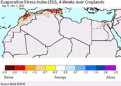 North Africa Evaporative Stress Index (ESI), 4-Weeks over Croplands Thematic Map For 9/25/2023 - 10/1/2023
