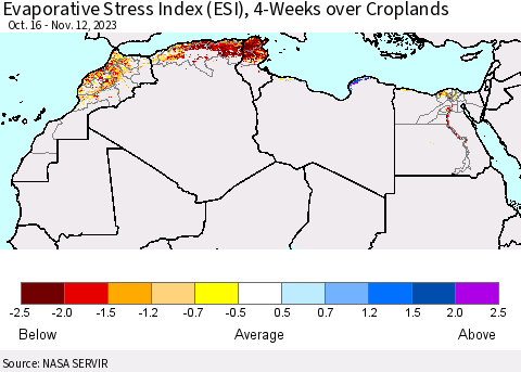 North Africa Evaporative Stress Index (ESI), 4-Weeks over Croplands Thematic Map For 11/6/2023 - 11/12/2023