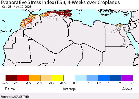 North Africa Evaporative Stress Index (ESI), 4-Weeks over Croplands Thematic Map For 11/13/2023 - 11/19/2023