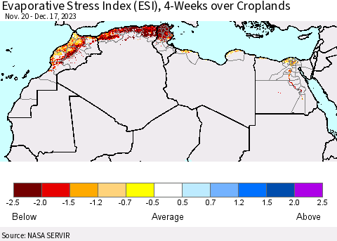 North Africa Evaporative Stress Index (ESI), 4-Weeks over Croplands Thematic Map For 12/11/2023 - 12/17/2023