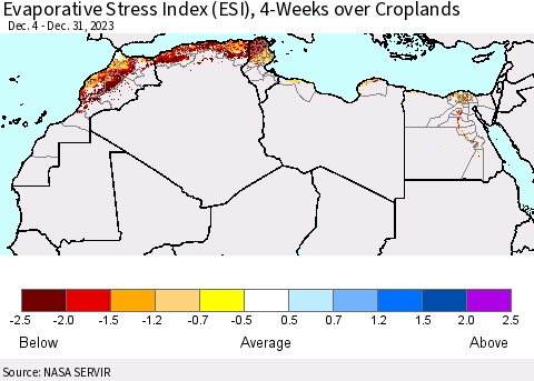 North Africa Evaporative Stress Index (ESI), 4-Weeks over Croplands Thematic Map For 12/25/2023 - 12/31/2023