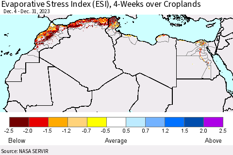 North Africa Evaporative Stress Index (ESI), 4-Weeks over Croplands Thematic Map For 1/1/2024 - 1/7/2024