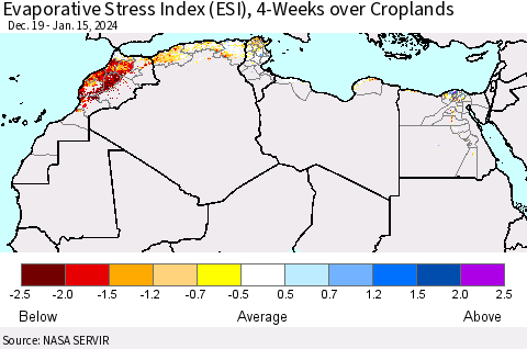 North Africa Evaporative Stress Index (ESI), 4-Weeks over Croplands Thematic Map For 1/15/2024 - 1/21/2024