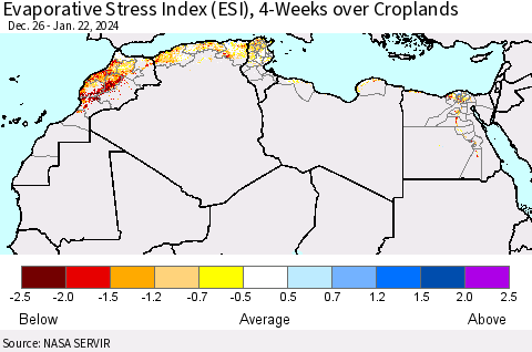 North Africa Evaporative Stress Index (ESI), 4-Weeks over Croplands Thematic Map For 1/22/2024 - 1/28/2024