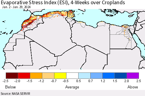 North Africa Evaporative Stress Index (ESI), 4-Weeks over Croplands Thematic Map For 1/29/2024 - 2/4/2024