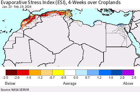 North Africa Evaporative Stress Index (ESI), 4-Weeks over Croplands Thematic Map For 2/19/2024 - 2/25/2024