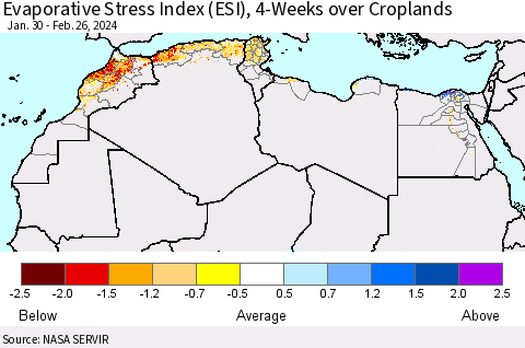 North Africa Evaporative Stress Index (ESI), 4-Weeks over Croplands Thematic Map For 2/26/2024 - 3/3/2024