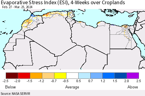 North Africa Evaporative Stress Index (ESI), 4-Weeks over Croplands Thematic Map For 3/25/2024 - 3/31/2024