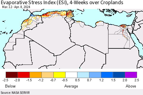North Africa Evaporative Stress Index (ESI), 4-Weeks over Croplands Thematic Map For 4/8/2024 - 4/14/2024
