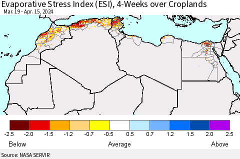 North Africa Evaporative Stress Index (ESI), 4-Weeks over Croplands Thematic Map For 4/15/2024 - 4/21/2024