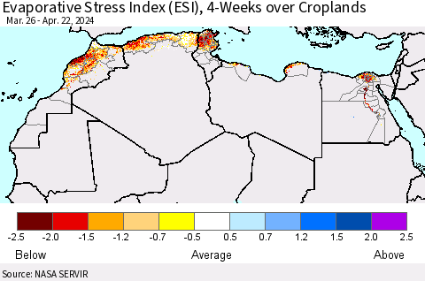 North Africa Evaporative Stress Index (ESI), 4-Weeks over Croplands Thematic Map For 4/22/2024 - 4/28/2024